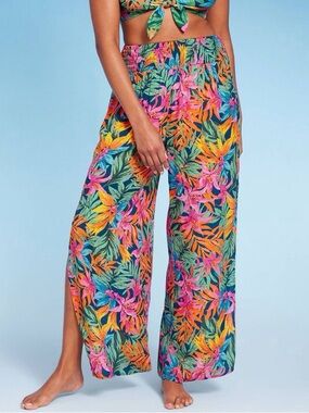 NWT Shade & Shore Smocked Waist Side Slit Cover Up Pants Tropical Print